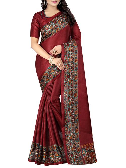 kalamkari border maroon printed saree with blouse - 15927043 - Standard Image - 1