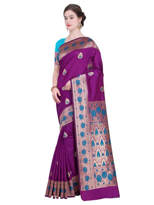 floral zari border magenta kanjivaram saree with blouse - 15927615 - Standard Image - 1