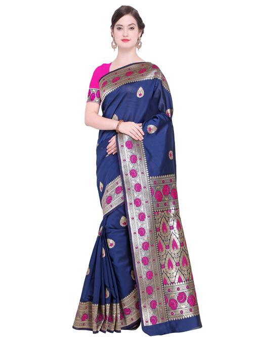 floral zari border navy blue banarasi saree with blouse - 15927616 - Standard Image - 1