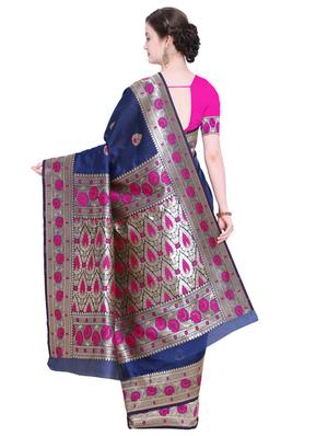 floral zari border navy blue banarasi saree with blouse - 15927616 - Standard Image - 2