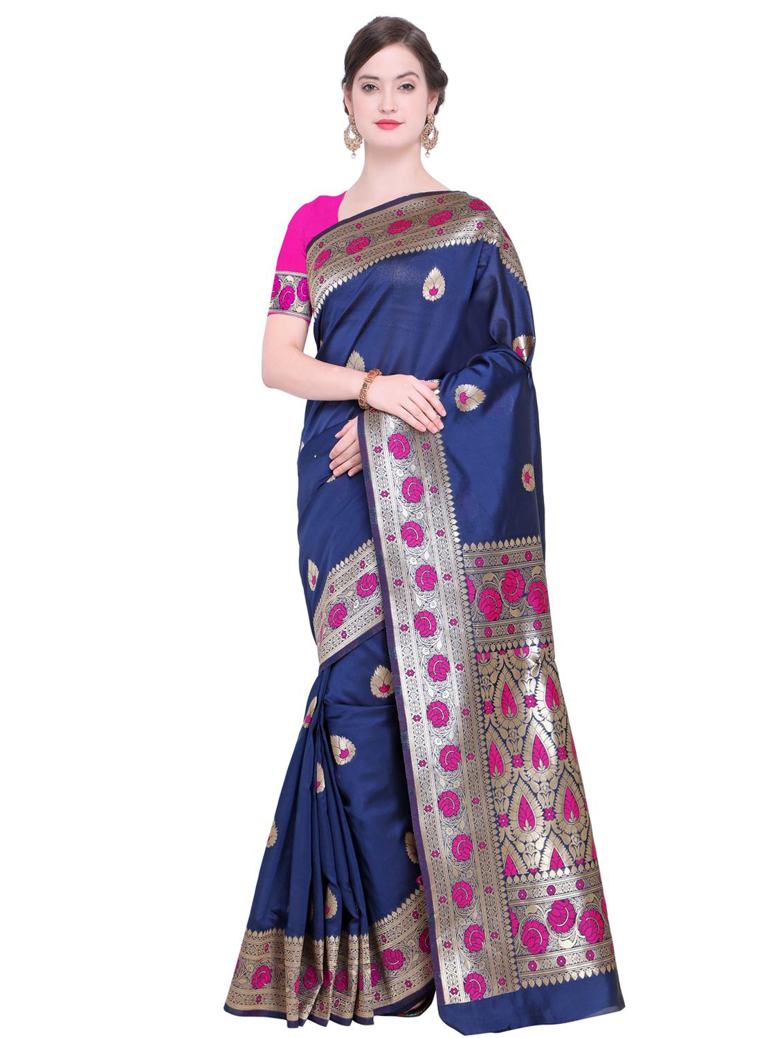 floral zari border navy blue banarasi saree with blouse - 15927616 - Zoom Image - 1
