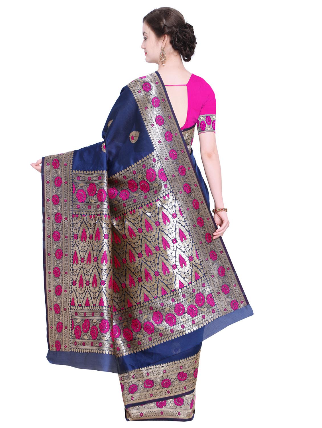 floral zari border navy blue banarasi saree with blouse - 15927616 - Zoom Image - 2