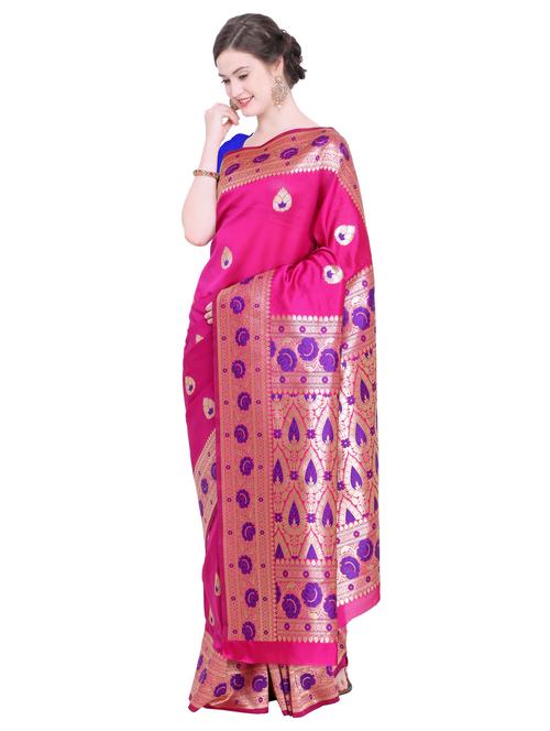 floral zari border pink kanjivaram saree with blouse - 15927617 - Standard Image - 1