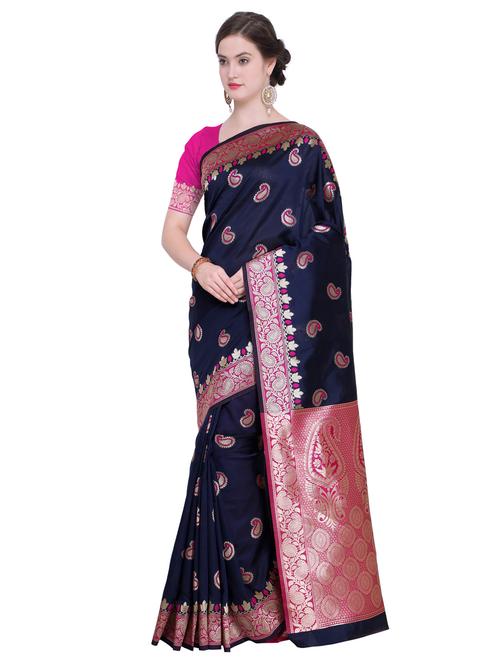 paisley zari border navy blue kanjivaram saree with blouse - 15927621 - Standard Image - 1