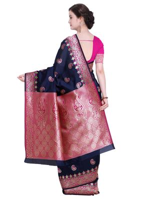 paisley zari border navy blue kanjivaram saree with blouse - 15927621 - Standard Image - 2