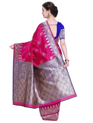 paisley zari border pink banarasi saree with blouse - 15927622 - Standard Image - 2