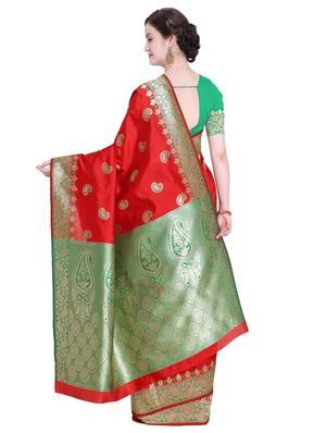 paisley zari border red banarasi saree with blouse - 15927624 - Standard Image - 2