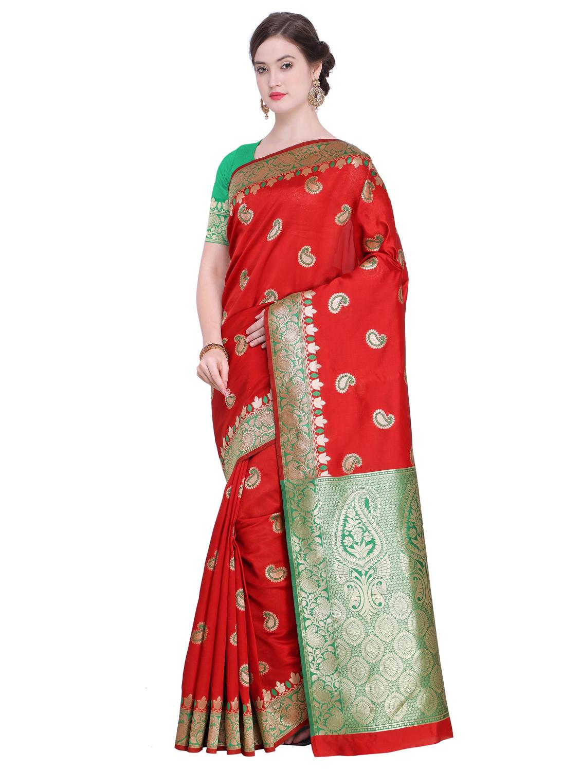 paisley zari border red banarasi saree with blouse - 15927624 - Zoom Image - 1