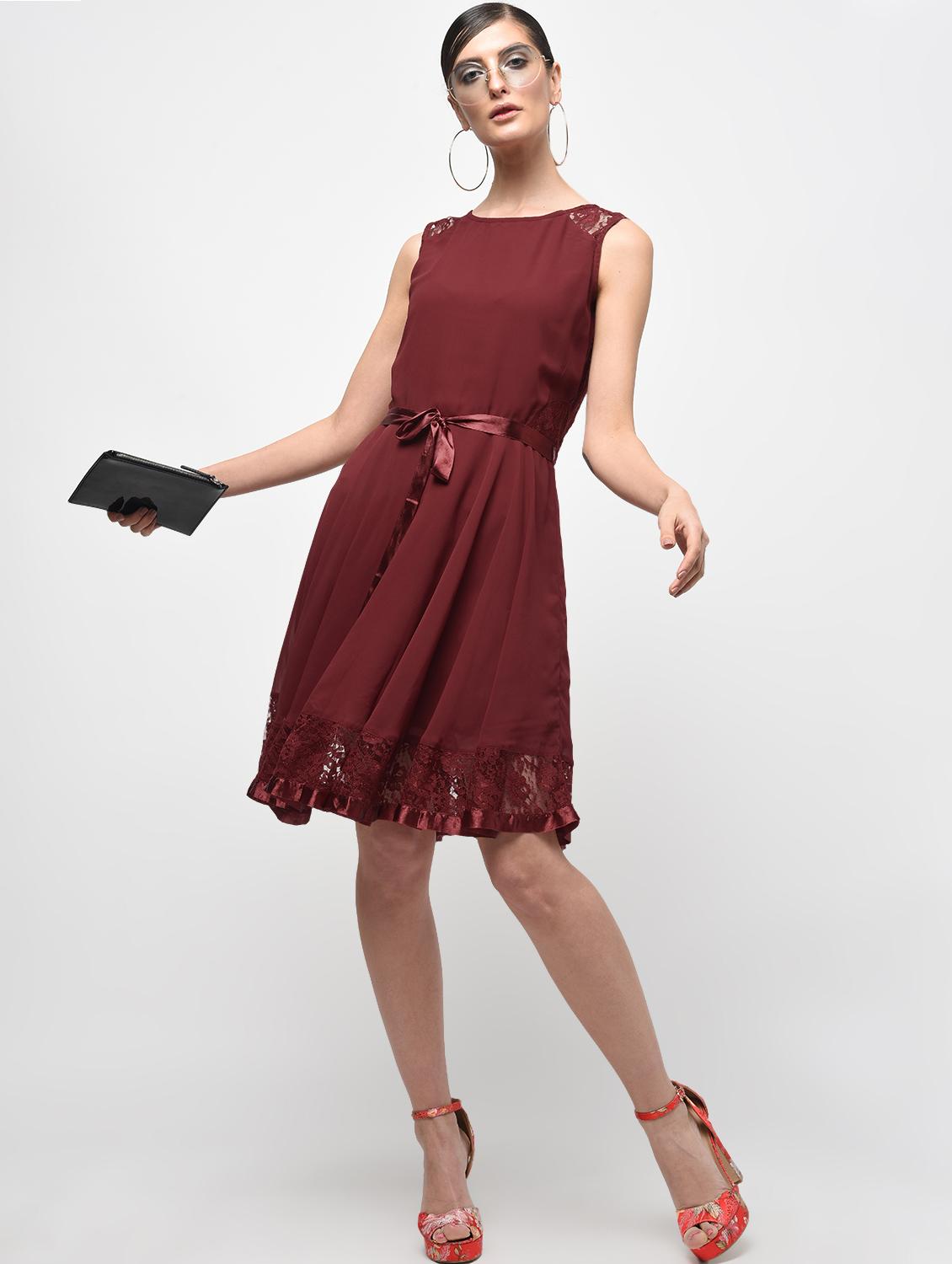 lace panel detail tie belted dress - 15928075 - Zoom Image - 1