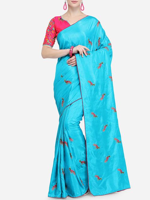 conversational sky blue embroidered saree with blouse - 15928501 - Standard Image - 1