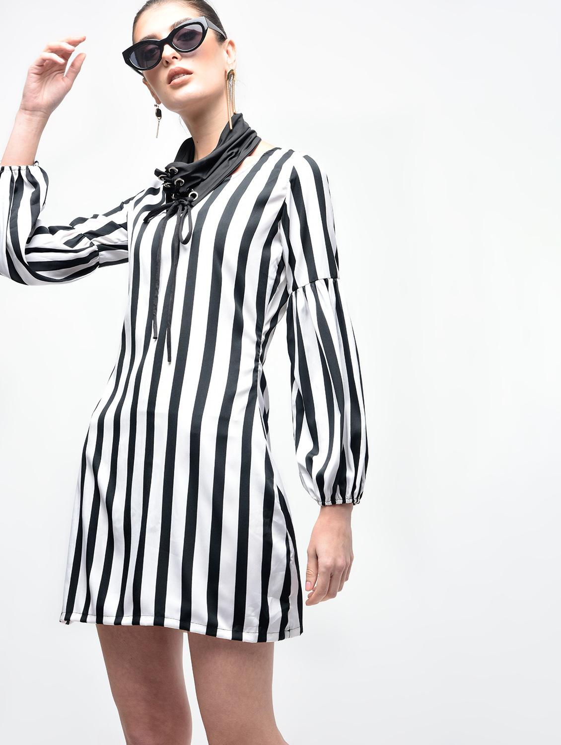 eyelet lace up striped a-line dress - 15930126 - Zoom Image - 1