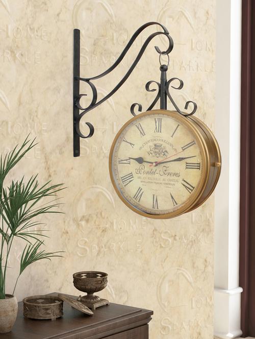 Home Sparkle Two Sides Station Clock Mild Steel (Golden & Black) (30 x 12 x 40 cm) - 15930794 - Standard Image - 1