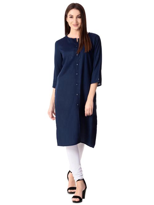 navy blue solid straight kurta - 15930865 - Standard Image - 1