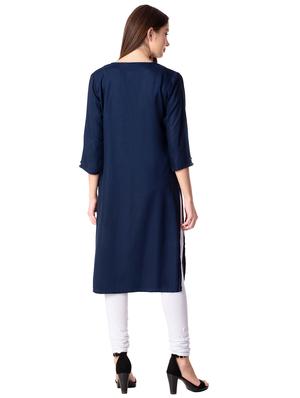 navy blue solid straight kurta - 15930865 - Standard Image - 3