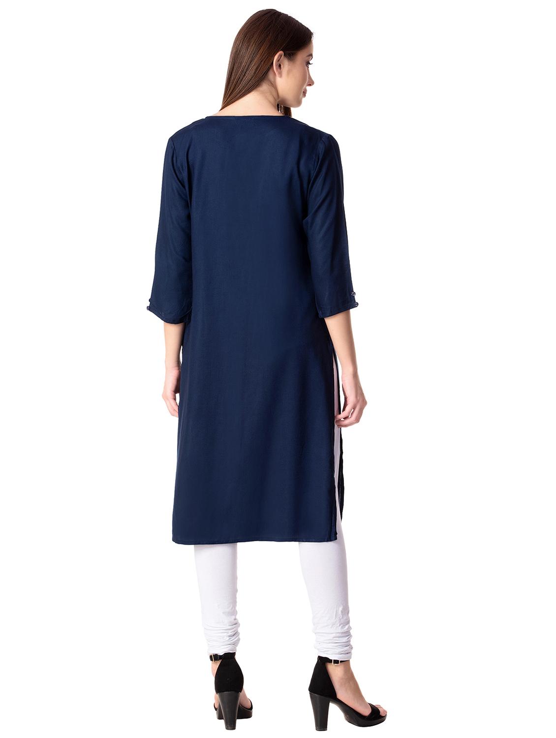 navy blue solid straight kurta - 15930865 - Zoom Image - 3