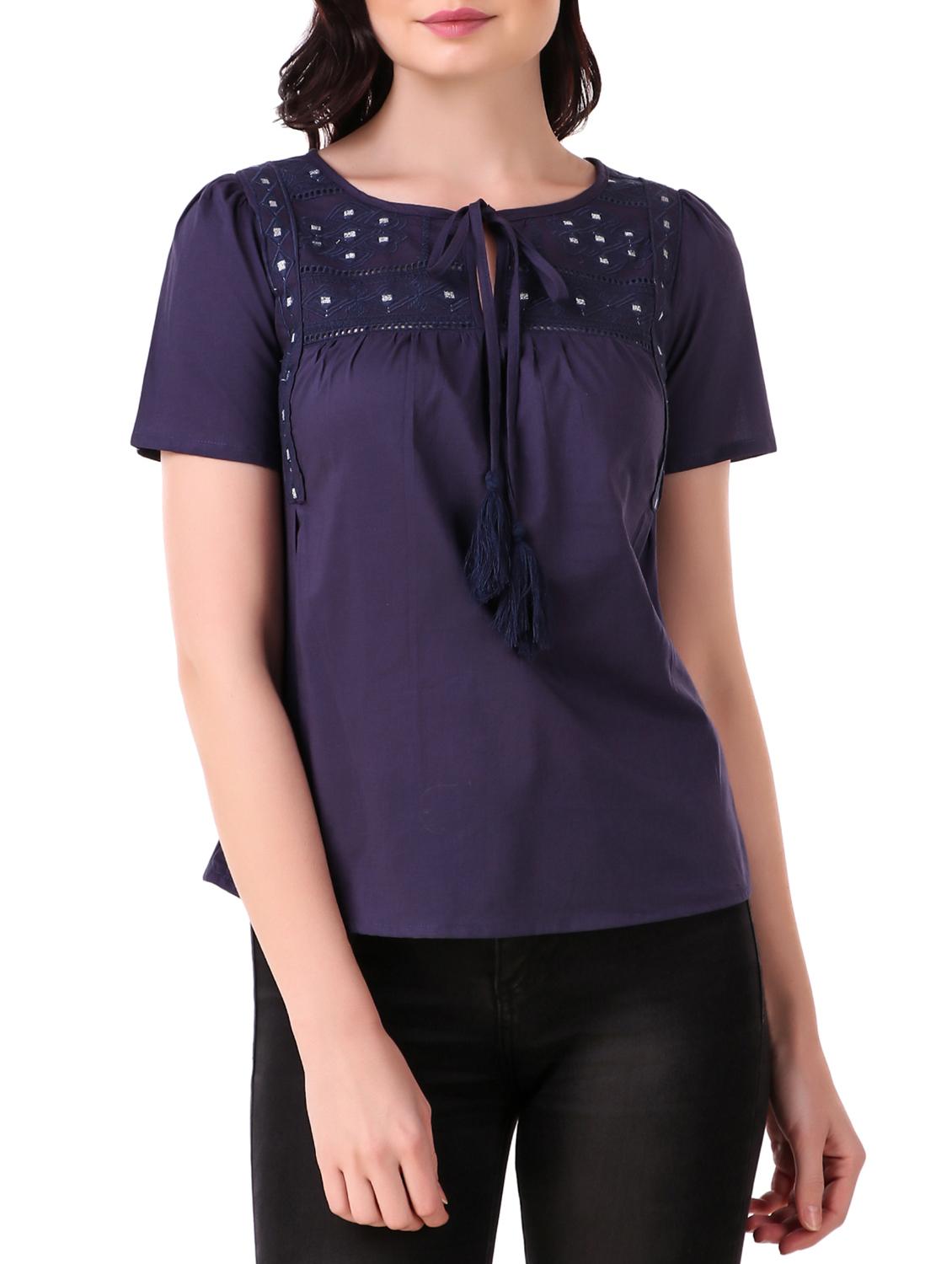 embroidered tie up neck top - 15931557 - Zoom Image - 1