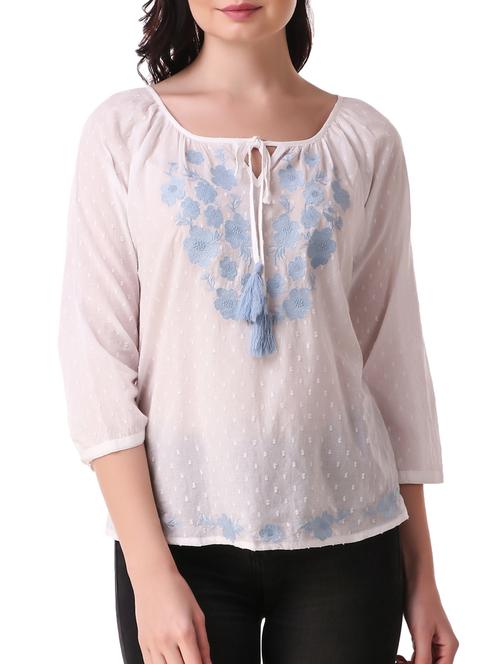tie up neck embroidered dobby top - 15931559 - Standard Image - 1