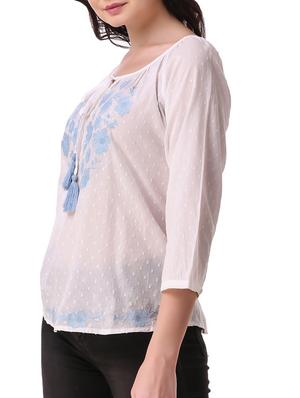 tie up neck embroidered dobby top - 15931559 - Standard Image - 2