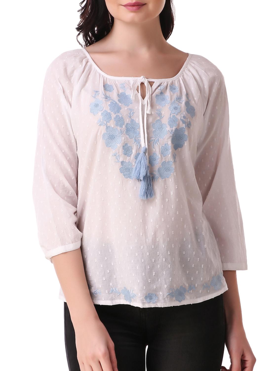 tie up neck embroidered dobby top - 15931559 - Zoom Image - 1