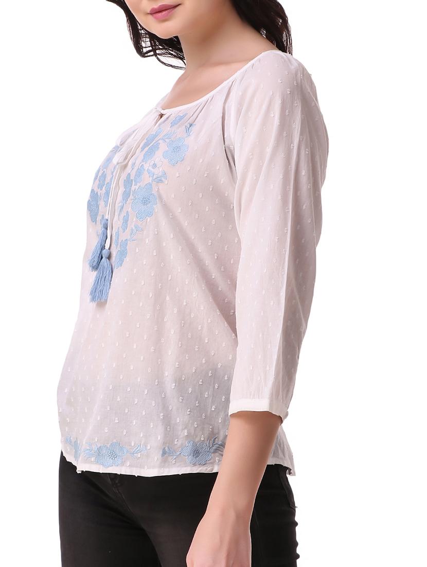 tie up neck embroidered dobby top - 15931559 - Zoom Image - 2