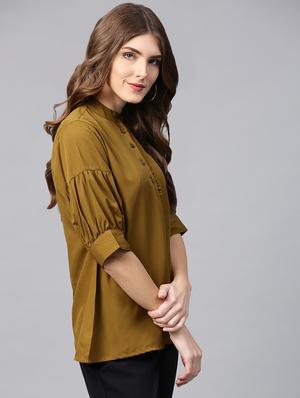 frill trim mandarin neck top - 15931808 - Standard Image - 2