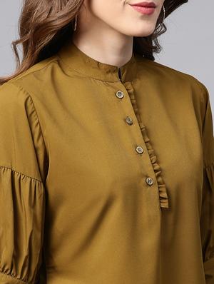 frill trim mandarin neck top - 15931808 - Standard Image - 5