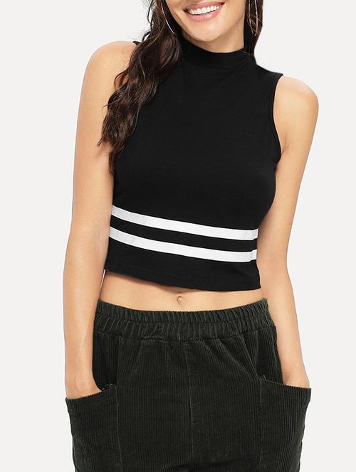 contrast striped mock neck crop top - 15932606 - Standard Image - 1