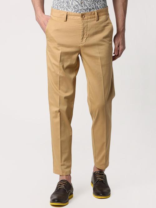 brown cotton flat front casual trousers - 15932658 - Standard Image - 1