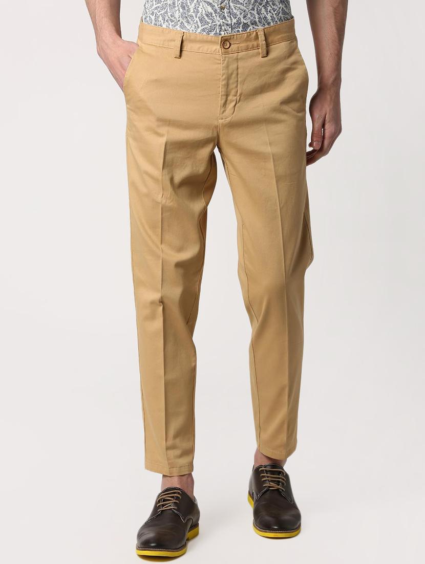 brown cotton flat front casual trousers - 15932658 - Zoom Image - 1