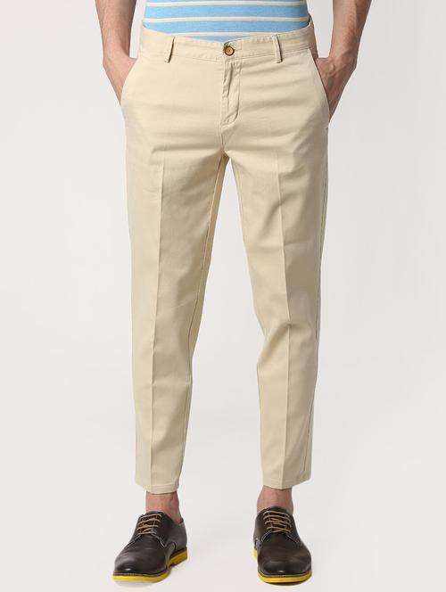 beige cotton flat front casual trousers - 15932659 - Standard Image - 1