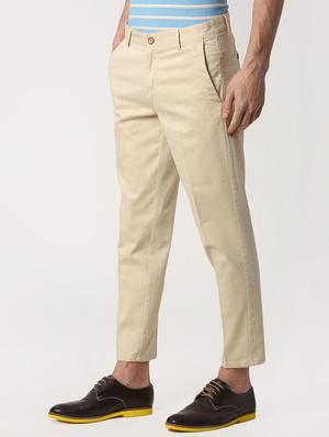 beige cotton flat front casual trousers - 15932659 - Standard Image - 2