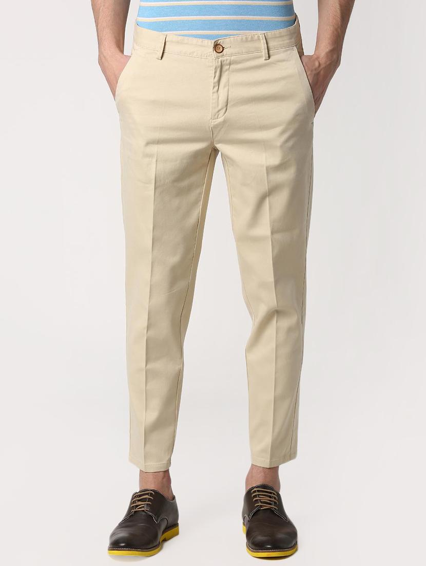 beige cotton flat front casual trousers - 15932659 - Zoom Image - 1