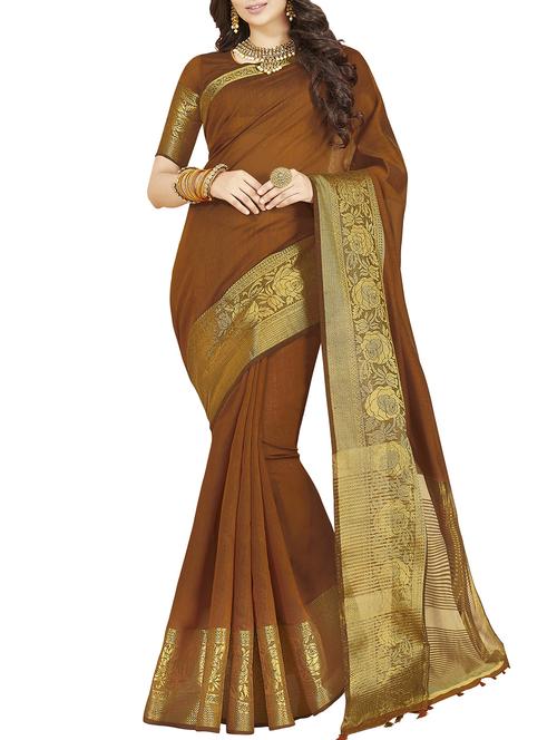 floral zari border brown kanjivaram saree with blouse - 15933392 - Standard Image - 1