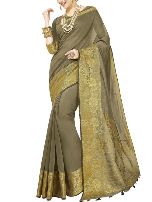 floral zari border brown kanjivaram saree with blouse - 15933401 - Standard Image - 1