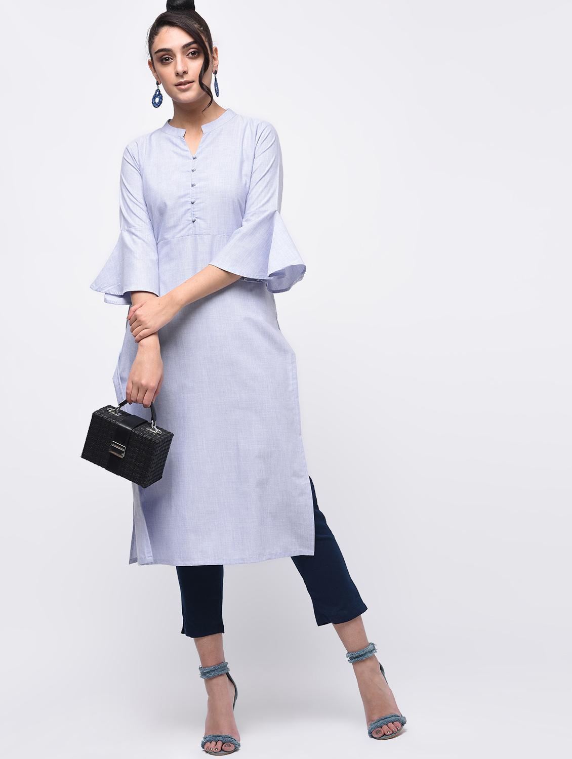 Bell sleeved solid straight kurta - 15933705 - Zoom Image - 1