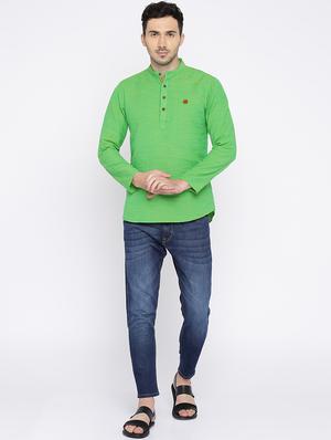 green cotton short kurta - 15934379 - Standard Image - 4