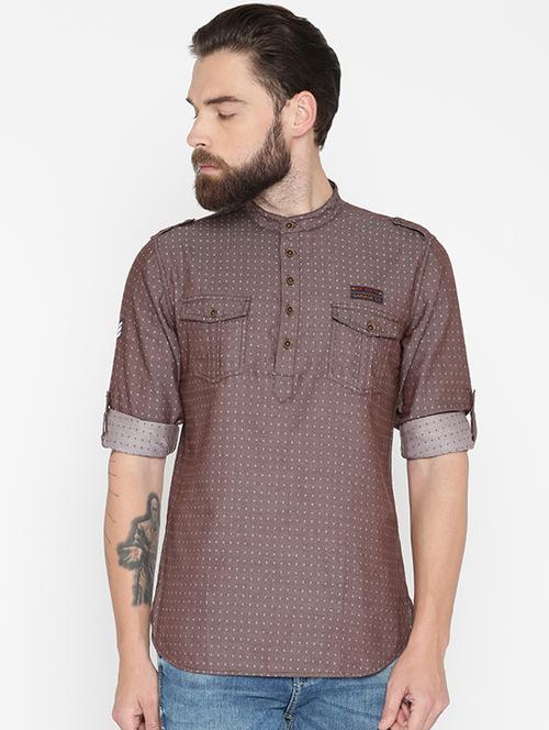 brown cotton short kurta - 15934399 - Standard Image - 1
