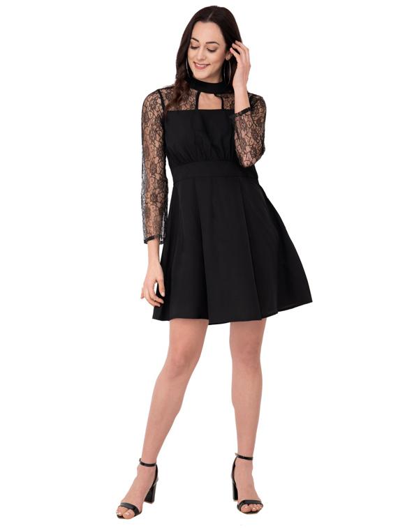 lace paneled pleat detail a-line dress - 15934881 - Zoom Image - 1