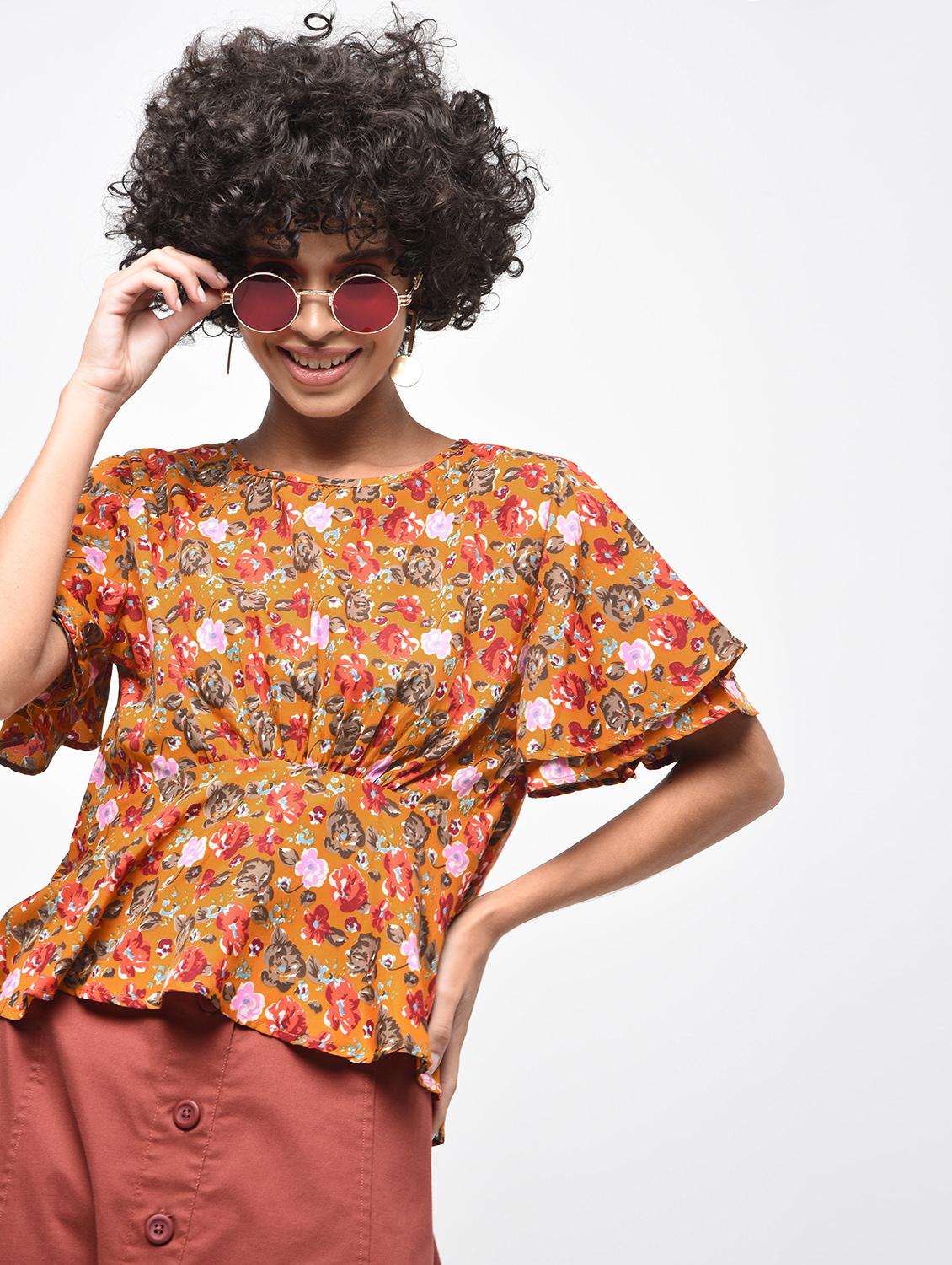 gathered floral flared sleeved top - 15936492 - Zoom Image - 1