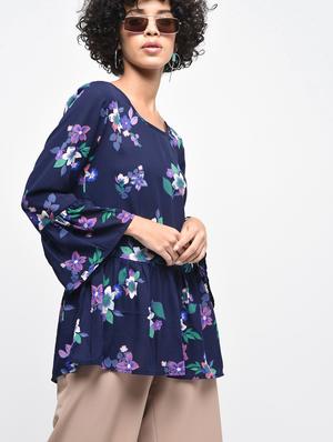 bell sleeved gathered floral top - 15936495 - Standard Image - 2