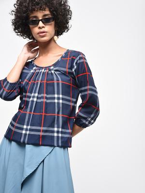 pleated neck checkered blouson top - 15936515 - Standard Image - 2