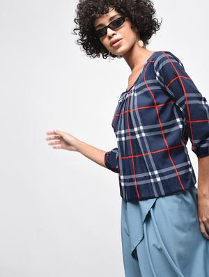 pleated neck checkered blouson top - 15936515 - Standard Image - 3