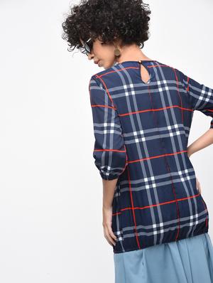 pleated neck checkered blouson top - 15936515 - Standard Image - 4