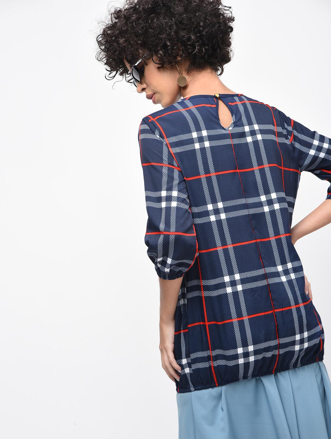 pleated neck checkered blouson top - 15936515 - Zoom Image - 4