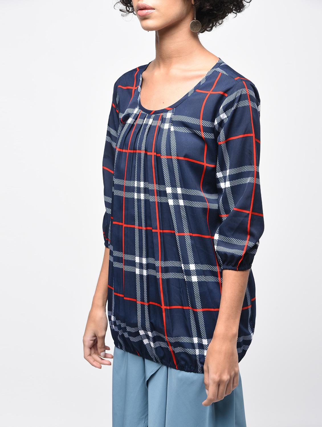 pleated neck checkered blouson top - 15936515 - Zoom Image - 5