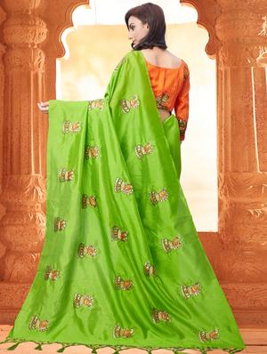 conversational parrot green embroidered saree with blouse - 15936725 - Standard Image - 2