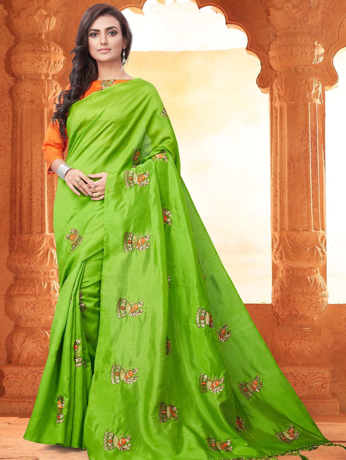 conversational parrot green embroidered saree with blouse - 15936725 - Zoom Image - 1