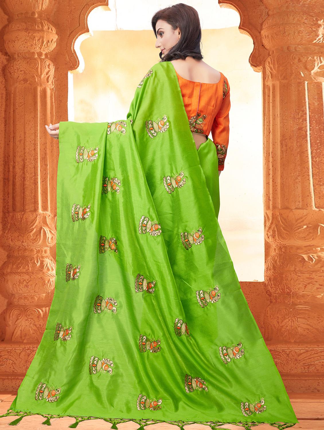 conversational parrot green embroidered saree with blouse - 15936725 - Zoom Image - 2