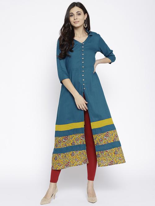 teal slit a-line kurta - 15936959 - Standard Image - 1