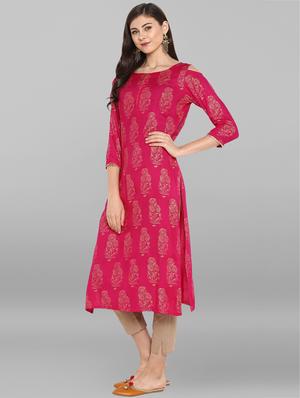 fuchsia foil printed kurta with pant set - 15937004 - Standard Image - 2